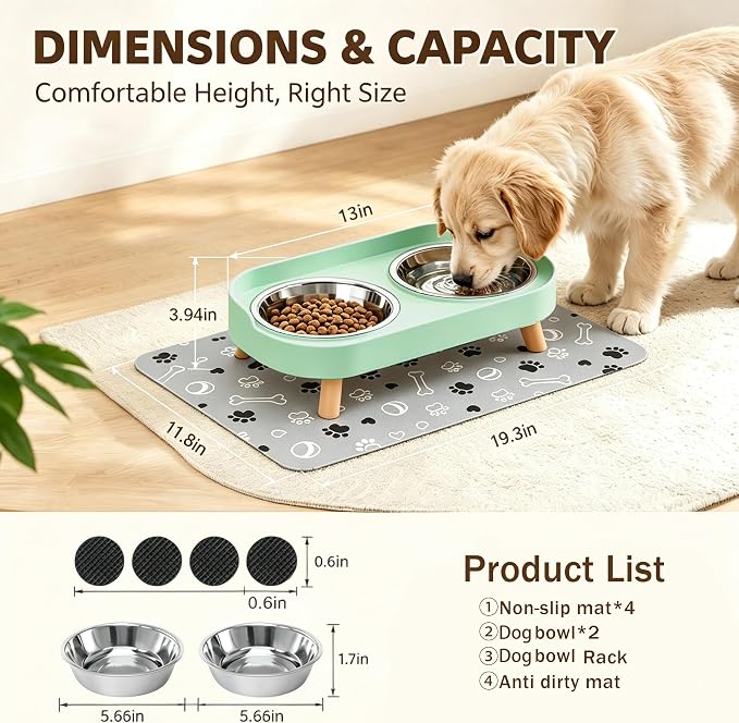 Elevated Dog Bowls with Mat, 2 Stainless Steel for Small Dogs Under 25 Lb | Raised Bowl Stand, Food & Water Set for Cats & Puppies, Splash Proof, Dishwasher Safe, Stain-Resistant Quick-Dry Mat