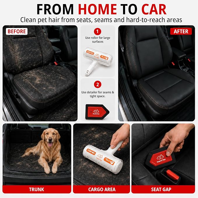 Ozark 4-in-1 Pet Care & Pet Hair Control System for Dogs & Cats – Deshedding Tool, Pet Hair Remover, Grooming Glove, Detail Cleaner for Furniture, Couch, Carpet, Home & Car (Red, Combo 4-in-1 Large)