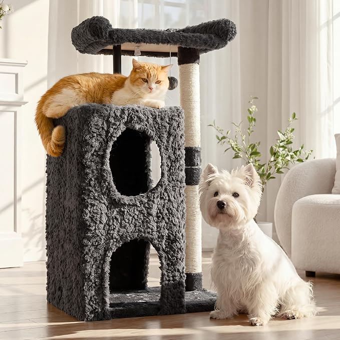 FUKUMARU Cat Tree, 36.2in Luxury Plush Cat Tower with Two Caves, Multi-Level Cat Condo with Sisal Scratching Post, Adult Cat Tree Towers for Indoor Cats with Top Perch, Medium Heavy Duty Kitten House