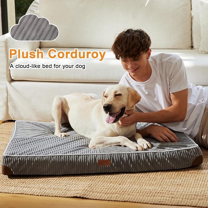 FUKUMARU X-Large Dog Bed, Thickened Waterproof Dog Mat with Washable Cover | 4" Extra Thick Egg Crate Foam Pet Mat, Corduroy Orthopedic Dog Bed for Crate, Flat Dog Pad with Anti-Slip Bottom