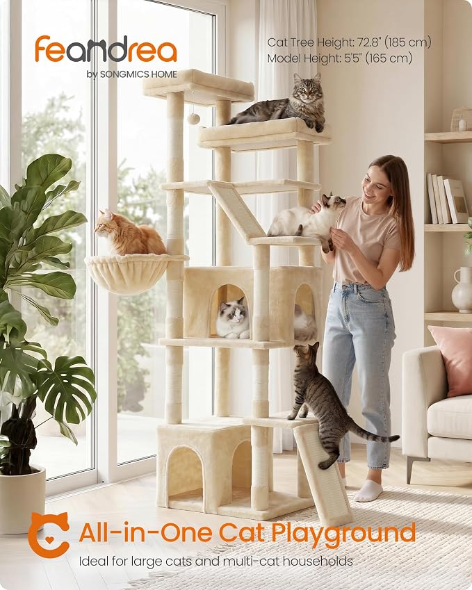 Feandrea 72.6-Inch Tall Cat Tree Tower for Indoor Extra Large Cats, Scratching Posts, Scratching Boards, Multi-Level Design, Beige UPCT014Y101S