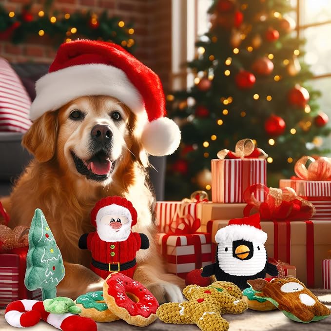 8 Pack Christmas Dog Toys Durable Squeaky Dog Toys for Puppy Christmas Interactive Stuffed Animal Plush Chew Toys with Squeaker for Small Medium Large Dogs Teeth Cleaning