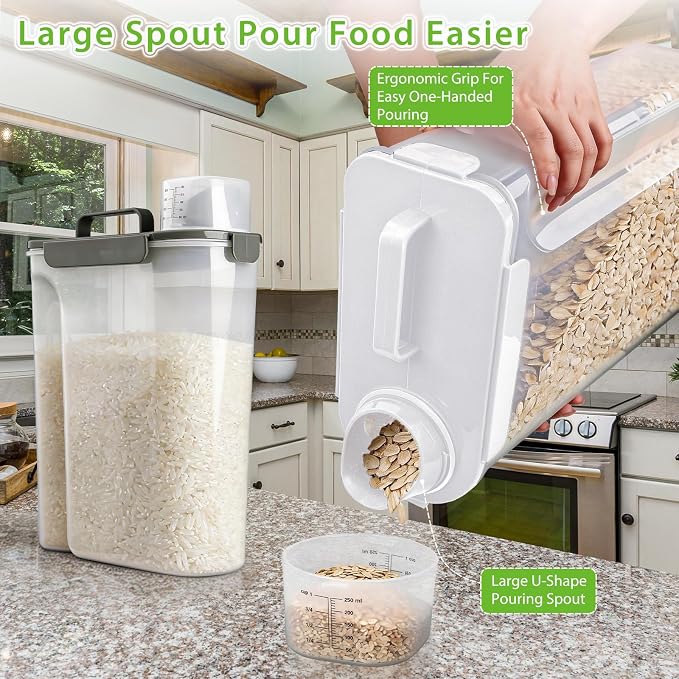 Viretec Rice Storage Container, 15 to 20lb Dry Food Airtight Dispenser, Pet Dog Cat Food Canister, BPA Free Clear Plastic Kitchen and Pantry Organization Bin for Oatmeal, Cereal, Pasta, Flour White
