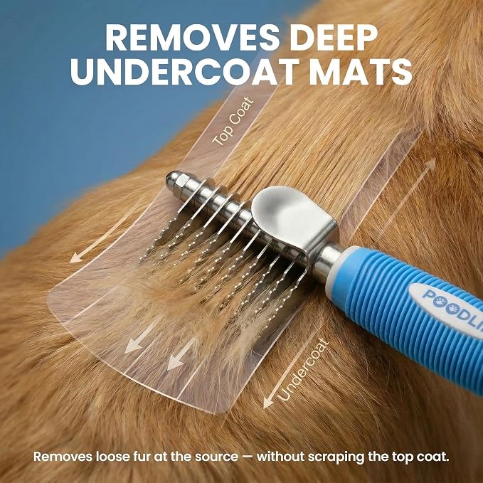 Poodle Dematting Fur Rake Comb Brush for Dogs and Cats - Long 2.5" Steel Safety Blades Metal Comb for Detangling Matted or Knotted Undercoat Hair