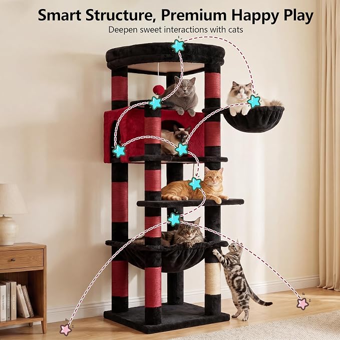 Heybly 53.1" Corner Cat Tree for Large Cats – Interactive Play HCT029BR | Sturdy Cat Tower with Cozy Cat Condo, Fan-Shaped Top Perch, Basket, Hammock & Solid Base, Black and Red