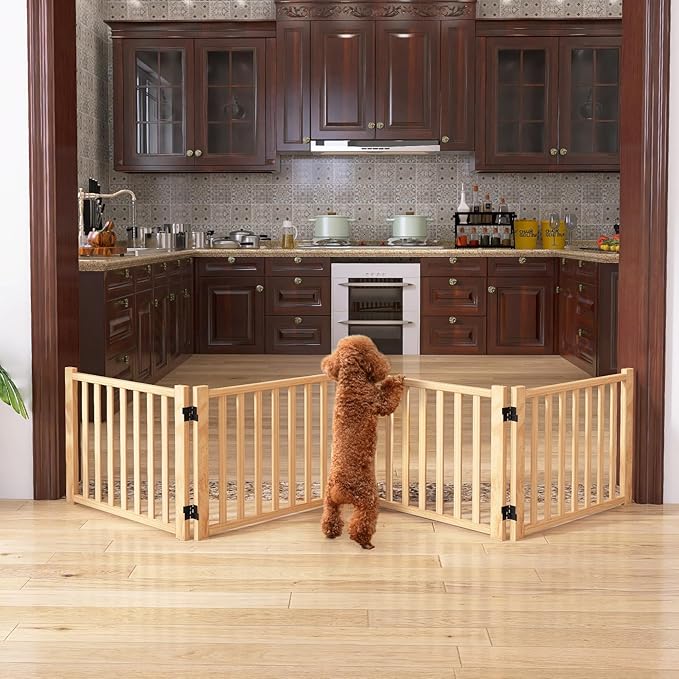 YOCAN Non-Painted Wooden Freestanding Dog Gates for The House,Doorways, Stairs,Wood Dog Fences Indoor Pet Gate,Step Over Fence-4 Panel H:16.9"
