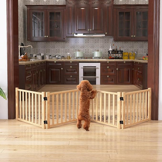 YOCAN Non-Painted Wooden Freestanding Dog Gates for The House,Doorways, Stairs,Wood Dog Fences Indoor Pet Gate,Step Over Fence-4 Panel H:16.9"