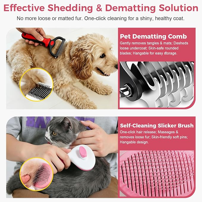 11 Piece Dog Grooming Kit - Hair, Nail, Massage Bath Supplies For Pets Cats | slicker dog brush for shedding，comb, undercoat rake, nail clipper tool, towel, scrubber gloves, scissors, all in one fur care