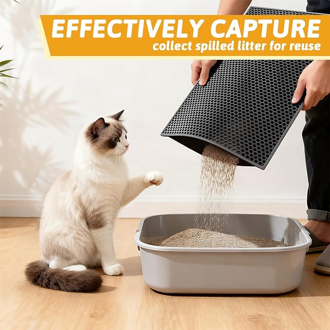 Pieviev 2 Packs Cat Litter Mat Double Layer Waterproof Urine Proof Trapping Mat (24"X15", Black) | Waterproof Urine Resistant Layer Litter Box Mat, Easy Collection, Soft on Kitty Paws, Black Color for Indoor Cats