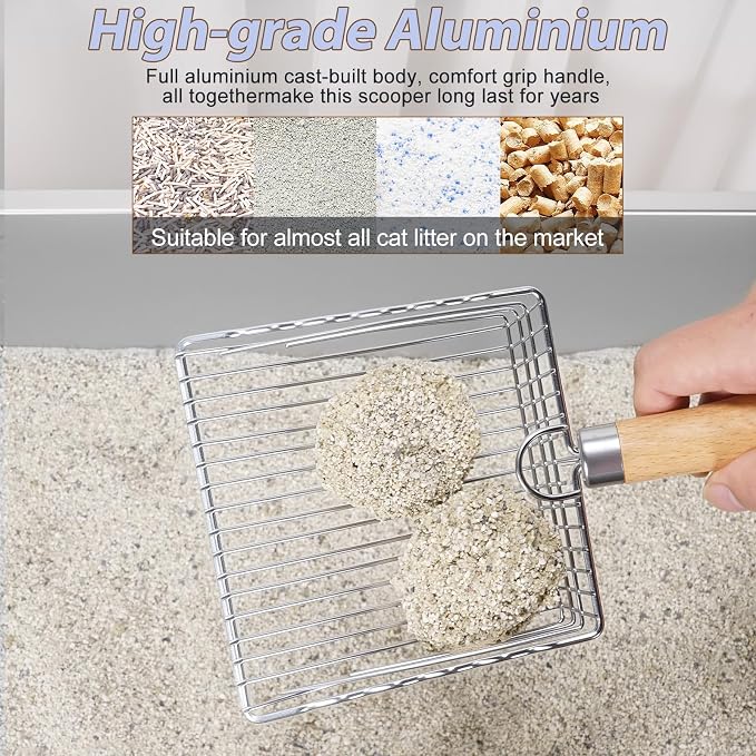 Cat Litter Scooper with Holder, Metal Cat Litter Scoop, Stainless Steel Sifting Shovel, Poop Sifter&Speed Sifter, Heavy Duty Wood Grip Kitty Litter Scooper for Easy Cleaning, Cats Accessories