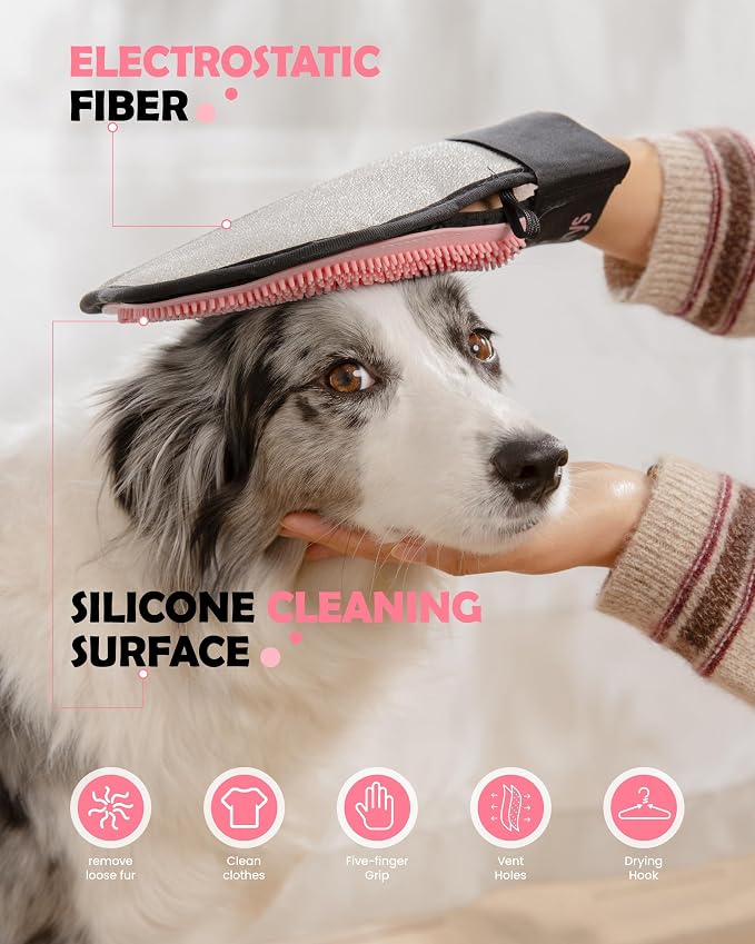 Pet Hair Removal Glove for Dogs & Cats, Double-Sided Grooming Glove | 2-in-1 Pet Grooming Tool, Electrostatic Hair Remover for Clothes & Furniture + Silicone Brush for Deshedding Pets，Pink