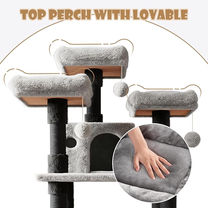 SHA CERLIN 68 Inches Multi-Level Large Cat Tree for Large Kitties/Big Cat Tower with Condo/Cozy Plush ‌Pussycat Perches/Sisal Scratching Posts and Hammocks/Activity Center/Black & Grey