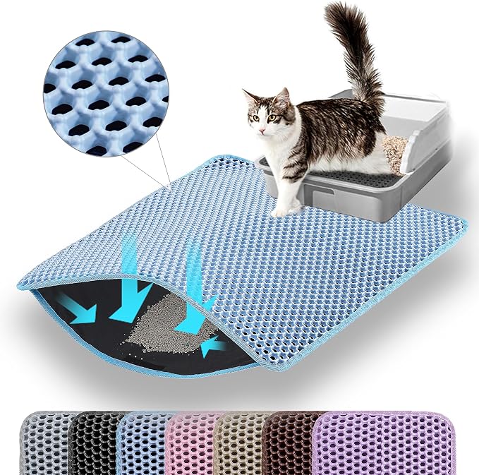 Small Cat Litter Mat, Double Layer Honeycomb Litter Box Mat | 20x14”, Reduces Litter Tracking, Waterproof, Non-Slip, Soft on Paws, Scratch Resistant, Easy to Clean, Blue