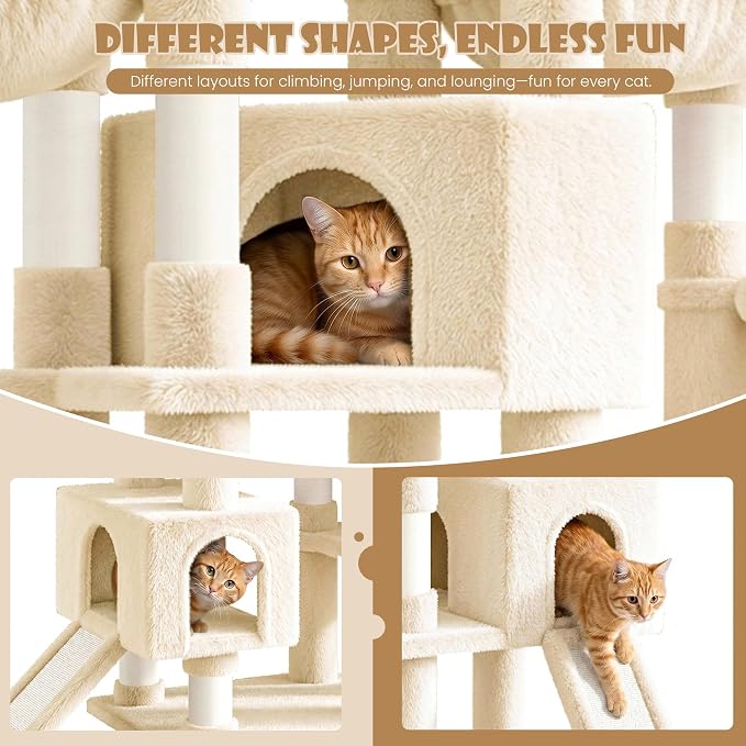 Sha Cerlin 87 in Multi-Level Tall Cat Tree Tower for Large Cats/Extra Wide Feline Activity Center/Sisal Scratching Posts/Wide Base/Cozy Plush Perches/Baskets/Hammocks/Toy Balls/Beige