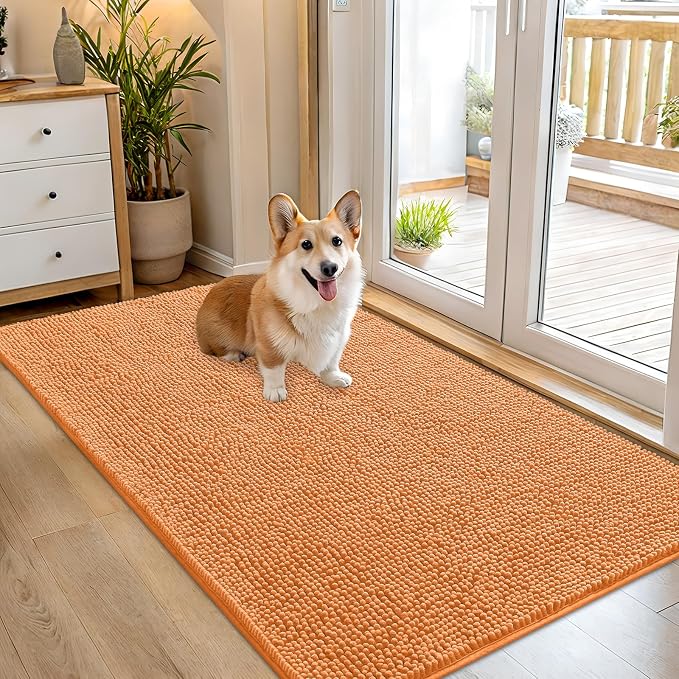 OLANLY Dog Door Mat for Muddy Paws 54x32, Super Absorbent Chenille Mud Mat | Orange, Absorbs Moisture and Dirt, Non-Slip Machine Washable Doormat, Quick-Drying Indoor Entryway Floor Carpet for Dogs