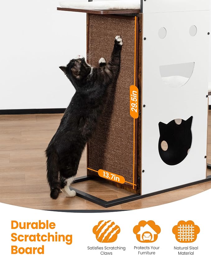 Wood Modern Cat Tree Tower, 84 Inch XL Tall Indoor Large Cat Condo | Heavy Duty XL Stable Wooden Cat Condo House Furniture with Multi-Level Spacious Perch Scratching Board Soft Washable Pads