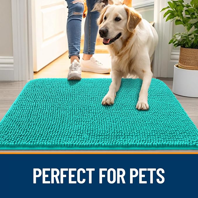 OLANLY Dog Door Mat for Muddy Paws 47x24, Super Absorbent Chenille Mud Mat | Teal, Absorbs Moisture and Dirt, Non-Slip Machine Washable Doormat, Quick-Drying Indoor Entryway Floor Carpet for Dogs