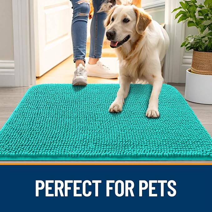 OLANLY Dog Door Mat for Muddy Paws 70x24, Super Absorbent Chenille Mud Mat | Teal, Absorbs Moisture and Dirt, Non-Slip Machine Washable Doormat, Quick-Drying Indoor Entryway Floor Carpet for Dogs