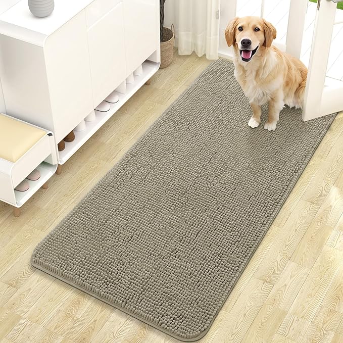 OLANLY Dog Door Mat for Muddy Paws 47x24, Super Absorbent Chenille Mud Mat | Warm Taupe, Absorbs Moisture and Dirt, Non-Slip Machine Washable Doormat, Quick-Drying Indoor Entryway Floor Carpet for Dogs