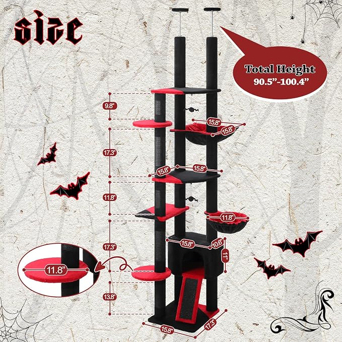 PEQULTI Floor to Ceiling Cat Tree Tower, Height Adjustable 230-252cm, Black | Gothic climbing pole for large cats with cat condo, hammock & sisal scratching posts; measure ceiling, fits 230-252cm