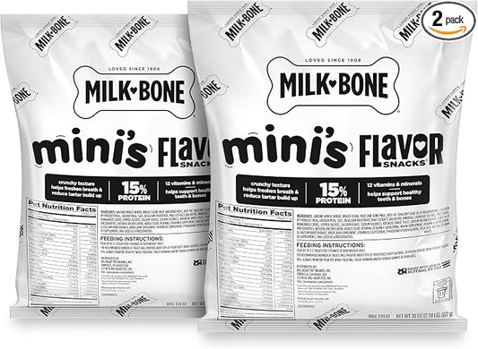 Milk-Bone Flavor Snacks Mini’s Dog Treats, 2 (35-Oz.) Refill Packs | 5 calories per treat, 15% protein, 3 tail-wagging flavors per bag (beef, chicken & bacon, naturally & artificially flavored)