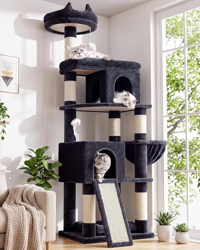 Globlazer Heavy Duty Cat Trees for Large Cats, Sturdy 72in Maine Coon Cat Tree for Large Cats 20 lbs+ Heavy Duty Cat Tower for Adult Biggest Cat with 6 Scratching Posts, Hammock, S72, Smoky Gray