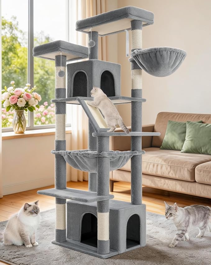 Hzuaneri Large Cat Tree, 72 Inch Tall Multi-Level Cat Tower for Indoor Cats | Cat Condo Furniture with 6 with Sisal Scratching Posts, 2 Large Platforms, 2 Cats House, Hanging Basket, Light Gray MS18318LG