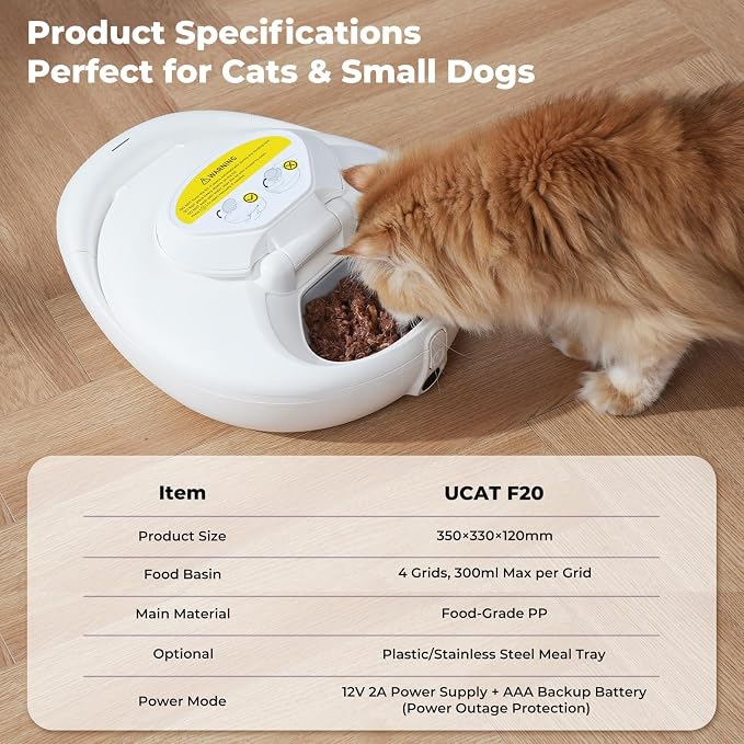 UBPET Smart Automatic Cat Feeder with Cooling & Heating, APP Control Dual-Temp Feeder for Wet/Dry/Raw Food, 24H Freshness, 4-Grid Tray, Anti-Pinch for Cats & Small Dogs (2-10kg)