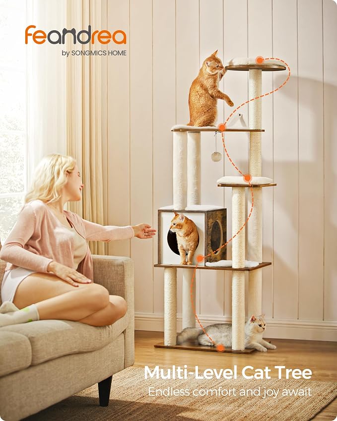 Feandrea Cat Tree, 64.6-Inch Modern Cat Tower, Multi-Level Condo with 5 Scratching Posts, Perch, Washable Removable Cushions, Cave, Rustic Brown UPCT166X01 | Modern Cat Condo for Indoor Cats, Perch, Washable Removable Cushions, Rustic Brown, CAEN Colle...