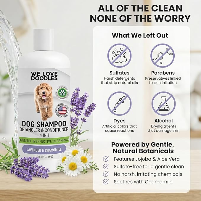 4-in-1 Dog Shampoo & Dog Conditioner, Puppy Pet Wash Soap, Lavender, 16 oz | Best for Goldendoodles, Poodles & Doodles, Hypoallergenic, Tearless, Sensitive Skin for Puppies & All Dog Breeds, Made in USA