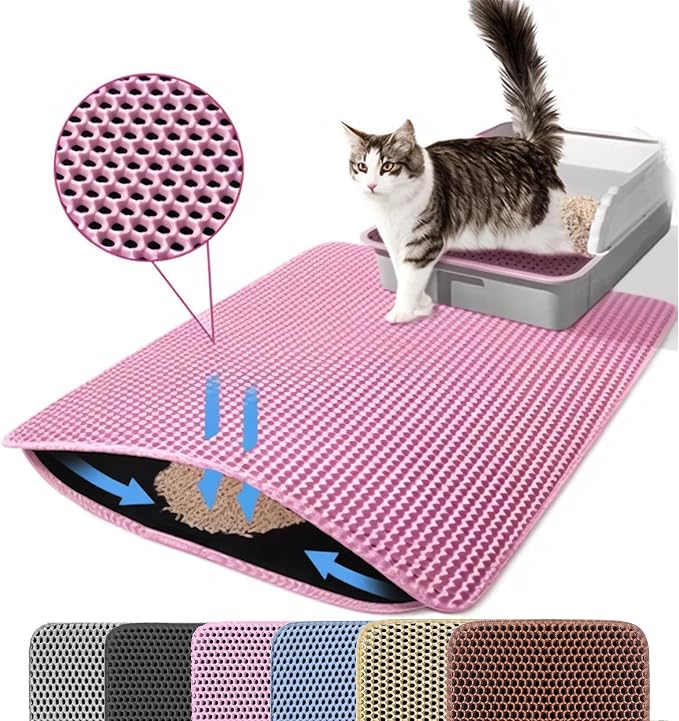 Extra Large Cat Litter Mat, Double Layer Honeycomb Design, Pink | 30x22”, Reduces Litter Tracking, Easy to Clean, Waterproof, Non-Slip, Soft on Paws, Scratch Resistant, Pink, XL