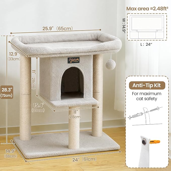 Cat Tree Tower Scratching Post for Indoor Large Adult Cats with Perch Bed | 28in Tall Small Cat Trees House with Big Perch, Condo, Toy Balls, Modern Kitten Climbing Furniture Platform, Light Gray