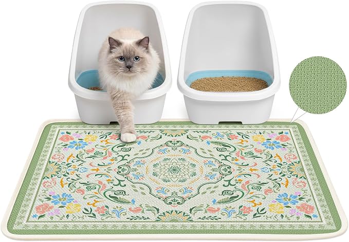 Bienbee Cat Litter Mat, 33" x 22" Litters Box Mat Machine Washable Less Waste Waterproof Litter Mats, Non-Slip Cat Litters Trapping Mats Easy to Clean Bean-Green L