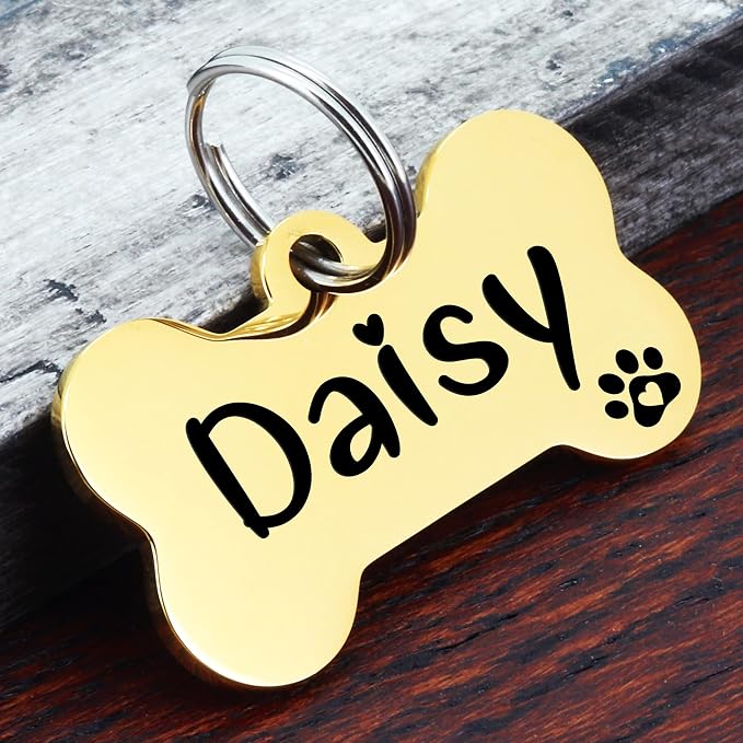 Ultra Joys Personalized Dog Tags for Pets - Durable Stainless Steel Customizable Dog Cat ID Tags - Dog Tags for Safety Optional Engraved on Both Sides -Bone Shape Dog Tag Small Size, Gold