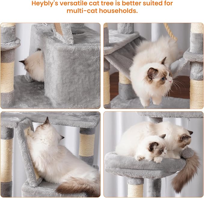 Heybly Cat Tree, 68 inch Multi-Level Cat Tower for Indoor Cats HCT025W | Cat Condo with 2 Widened Plush Perches, 2 Cozy Baskets, Scratching Board and Big Caves, Light Gray