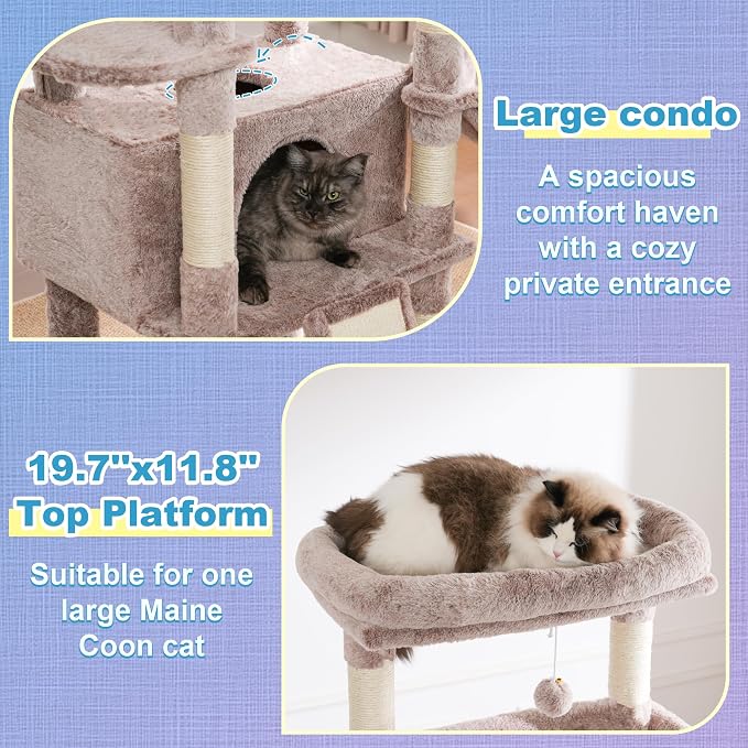 Hey-brother Cat Tree Tower with Extra Large Platform and Basket, MPJ080MU- | 71.7 Inches Scratching Posts with Specious Condo, 2 Cozy Hammocks, Scratch Board for Indoor Adult Cats, Maine Coon Muchroom