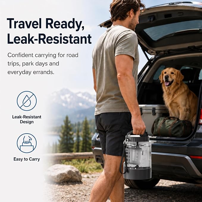 lesotc Portable Dog Water Bowl Dispenser - 77oz Travel Water Bottle with Pop-Out Drinking Bowl, No-Spill Design for Camping, Hiking & Car Rides - Keep Your Dog Hydrated Anywhere, Black