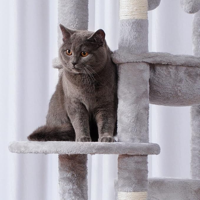 Heybly Cat Tree for Large Cats 20 lbs, 69 inches Cat Tower HCT031W | Heavy Duty Cat Condo for Indoor Cats, Multi-Level Furniture with Big Padded Plush Perch, Cozy Basket, Light Gray