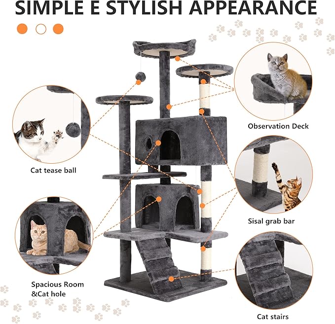 BestPet | 54" Cat Tree Tower | Light Gray | Sturdy Multi-Level Cat Tree | with Plush Condo, Cozy Perch, Sisal Scratching Posts, Hanging Toy and Stable Frame | Easy Assembly | for Kittens & Adult Cats