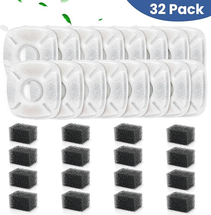32 Pack Cat Water Fountain Filters, 16 Pcs Replacement Cats Fountain Filters & 16 Pcs Pre-Filter Sponges for 95oz/2.8L 135oz/4L 67oz/2L Automatic Pet Water Fountain Cat Dog Water Dispenser Filter