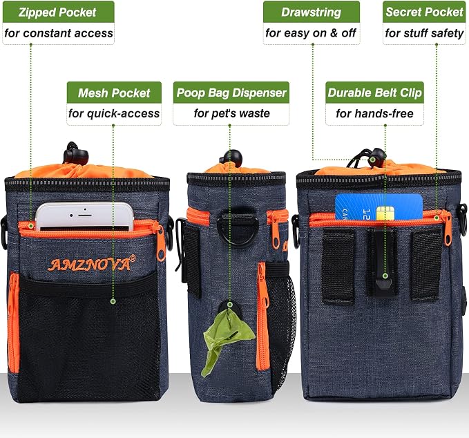 AMZNOVA Dog Treat Pouch Treatnow Dog Treat Bag, 6 Cups, Heather Navy | Training Pouch with Waist Belt & Clicker for Training & Walking, Waist Clip On Snack Fanny Pack for Pet