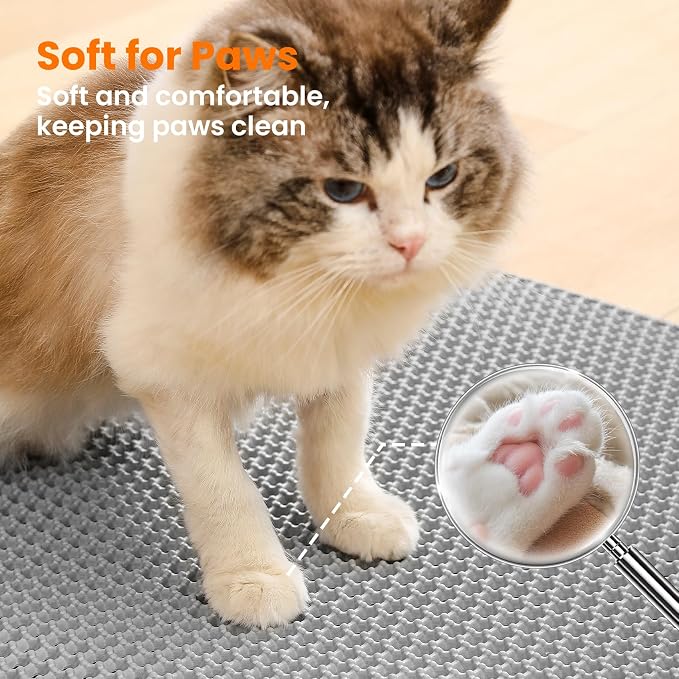 Extra Large Cat Litter Mat XXL, Double Layer Honeycomb, Gray | 46x26”, Reduces Litter Tracking, Easy to Clean, Waterproof, Non-Slip, Soft on Paws, Scratch Resistant, XXL