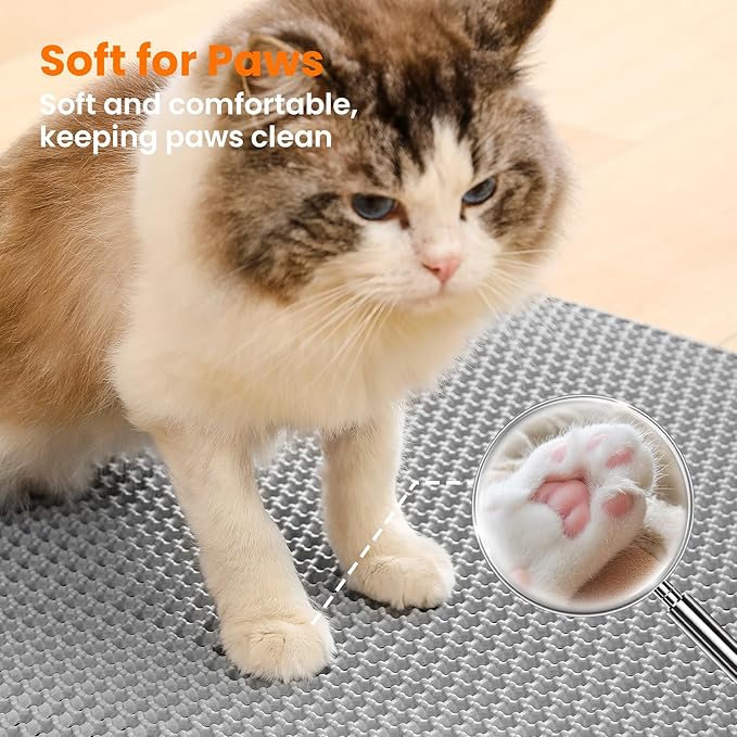 Extra Large Cat Litter Mat, Double Layer Honeycomb Design, Gray | 30x22”, Reduces Litter Tracking, Easy to Clean, Waterproof, Non-Slip, Soft on Paws, Scratch Resistant, Gray, XL