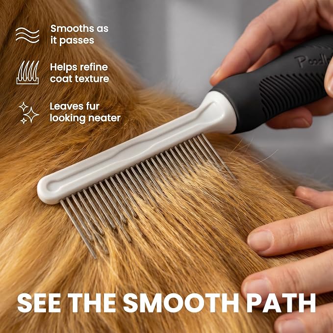Poodle Pet Dog Combs for Grooming Matting - Metal Comb for Dogs with Long & Short Stainless Steel Teeth - Dematting Comb for Cats to Remove Matted Hair & Knots, Black