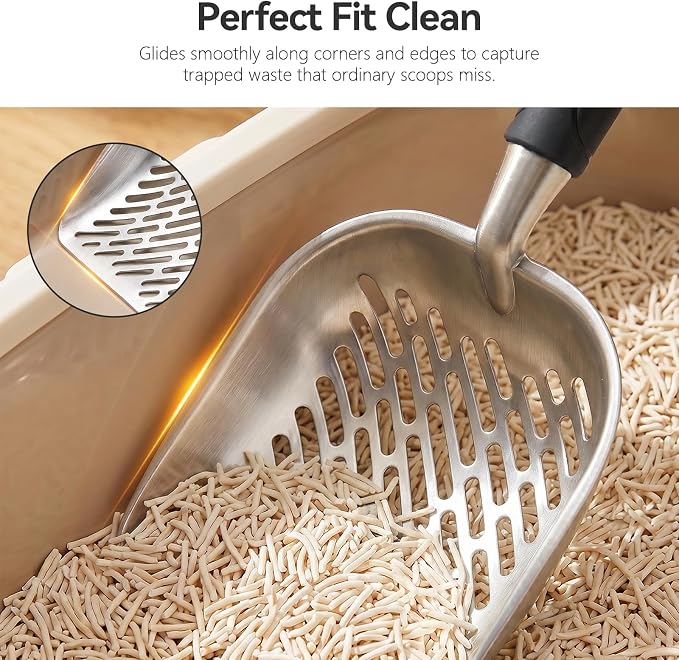 Cat Litter Scoop, Kitty Metal Scooper, Heavy Duty Aluminum Deep Sifter with Long Handle, Rustproof Durable Kitten Poop Shovel for Travel & Small Litter Box