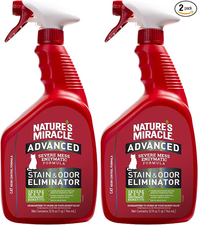 Nature's Miracle Advanced Cat Stain and Odor Eliminator Spray,Severe Mess Enzymatic Formula,32 fl oz,(Pack of 2)