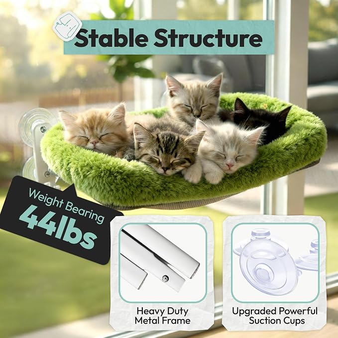 Cordless Cat Window Perch, Foldable Cat Window Hammock, 4 Strong Suction Cups, Solid Metal Frame, Patented Hook Design, Cushion Green, L