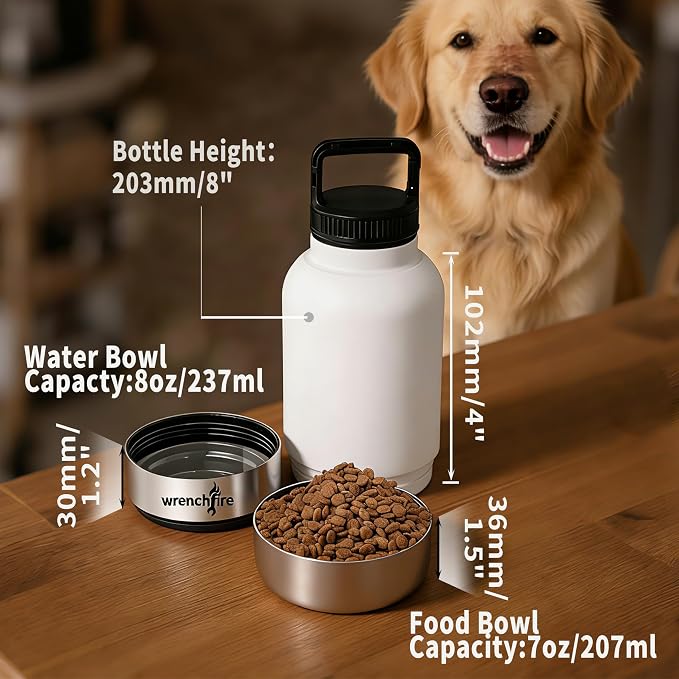 32 oz Instulated Stainless Steel Dog Water Bottle with 2 Detachable Bowls,Portable Cat Travel Dispenser with Brush for Walking Hiking Camping,White