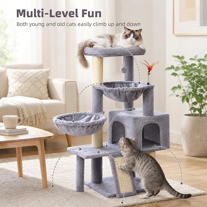 Cat Tree with Cat Condo and Two Hammocks, Cat Tree with Scratching Posts and Scratching Pads, Cat Tower for Indoor Cats, Activity Centre Climbing Tree with Playful Toy Balls, Grey