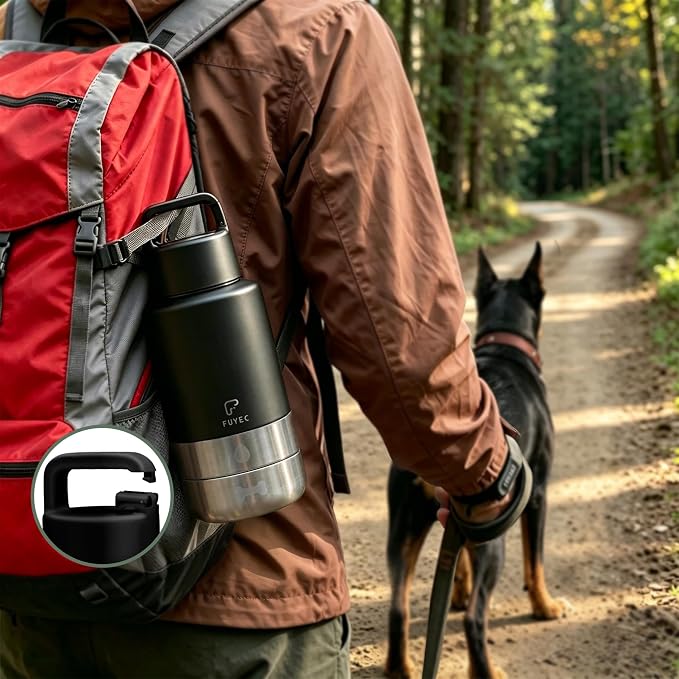 Dog Water Bottle with 2 Bowls, 32 oz Insulated Stainless Steel Portable Pet Travel Bottle, Food and Water Bowl Set for Walking Hiking Camping, Large Dog Accessories, Black